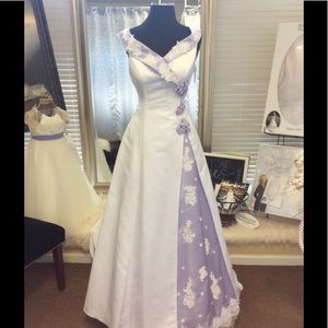 white and lavender wedding dress